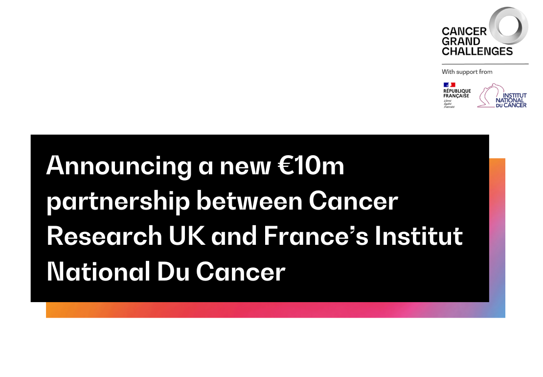 Branded graphic with copy: Announcing a new €10m partnership between Cancer Research UK and France’s Institut National Du Cancer